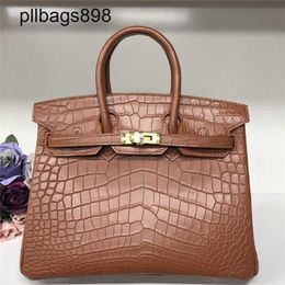 Brkns Handbag Genuine Leather 7A Handswen Brown Crocodile Skin Belly Half Handsewn Honey Wax Thread 25 Small Locked WomensV81L