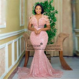 Party Dresses Elegant Pink Sequin Beaded Prom African Women 3D Pearls Evening Gowns Aso Ebi Style Wedding Reception