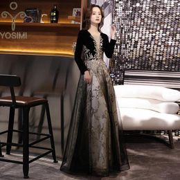 Casual Dresses YOSIMI Women Black Mesh Embroidery Birthday Party Maxi Full Length Dress Summer V-neck Long Sleeve A-line Vintage Wedding