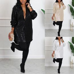 Casual Dresses Winter Long For Women Sequins Mini Sparkly Button Down Blouse Tunic Shirts Dress Sexy V Neck Clothes