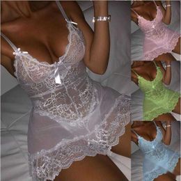 New Womens Sleepwear Fun Lingerie Bright Colour Sexy Lace Mesh Perspective Bow Tie Fun Hanging Strap Embroidered Nightwear Dress Women T8KV