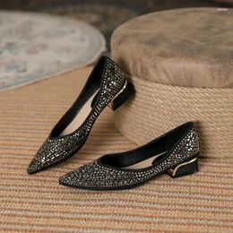 Casual Shoes FHANCHU 2024 Women Rhinestone Summer Low Heels Step-in Hollow Out Slip On Pointed Toe Black Grey Dropship