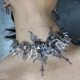 Choker Dark Punk Metal Rivet Necklace Irregular Clear Beaded Hip Hop Personality Jewelry For Women Men 2024