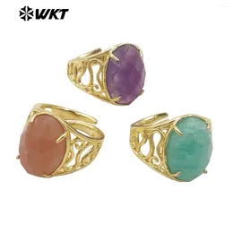 Cluster Rings WT-R527 WKT Design Natural Oval Faceted Gemstone With Clawing Setting Sun Stone Women Cocktail Ring 10PCS