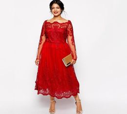 Red Lace Boat Neck Plus Size Mother of The Bride Dress Long Sleeve Tea Length Wedding Guest Party Gown Vestido Mae Da Noiva7419088