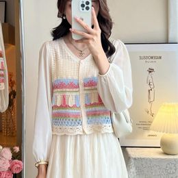 Women's Knits Chic Women Lace Crochet Cardigan Coat White Knitted Shirt Autumn Spring Long-sleeved Cropped Tops Y2k