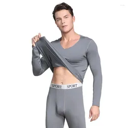 Men's Thermal Underwear Mens Winter Faux Fleece Lined Warm Base Layer Seamless V-Neck Tops Letters Waistband Long Johns 2 Pieces Set