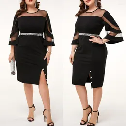 Casual Dresses Plus Size Women Dress Elegant Midi With Mesh Patchwork Shiny Sequin Detail For Women's Spring Fall Wardrobe