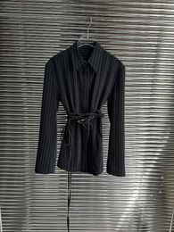 Women's Blouses Black Striped Mid-length Shirts & Fashion High Street Belt Slim Long Sleeve Clothing Sales 2024 Summer