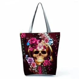 Shoulder Bags 2024 Cool Fashion Handbags Skull Floral Print Halloween All-Match Tote Female Travel Eco Friendly Shopping Bag