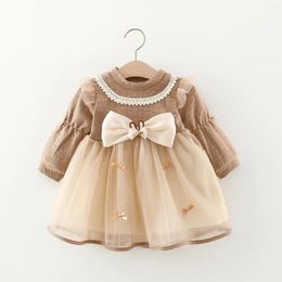 Girl Dresses Baby Long Sleeve Mesh Dress Lace Bow Cute Party Children Clothing Fashion Korean Style Toddler Kids Costume Autumn Spring