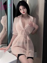 Casual Dresses Cosplay Shirt Mini Dress V Neck Mesh Lace Sheer Transparent Women Sexy Boyfriend Cute Chiffon Elegant Top 72FI