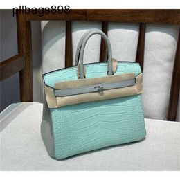 Brkns Handbag Genuine Leather 7A Handswen Mint Green Pearl Grey Mist Faced Crocodile Skin 25Cm HandsewnUTPM