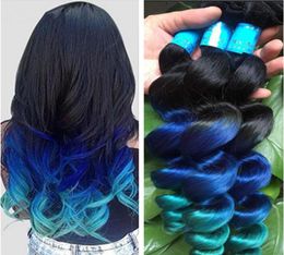 New Arrive Ombre Loose Wave Hair Extensions 3Pcs Lot Three Tone 1B Blue Green Ombre Brazilian Wavy Human Hair Weave Bundles9931782