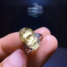 Cluster Rings Natural Gold Rutilated Quartz Adjustable Ring Pi XIu 925 Silver Round Women 15.4/9.7mm Yellow Beads