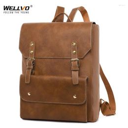 Backpack Vintage Leather Retro Style PU Large Capacity Rucksack Fashion Travel Students School Bag Soft Mochila XA391C
