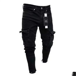 Men'S Jeans Mens Stretch Black Big Side Pockets Cargo Fashion Zipper Small Foot Denim Pants Elastic Jogging Trousers Streetwear 23122 Dhyah