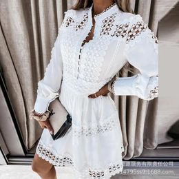 Casual Dresses Fashion Womens Dress 2024 White Hollow Pattern Spliced Long Sleeve Shirt For Women