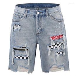 Men's Jeans Blue Black Patch Work Denim Ripped Shorts Pants Vintage Mens Short Trouser