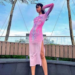 Casual Dresses Womens 2024 In Anime Printed Mesh Midi Pink Kpop Fashion Chic Gyaru Young Girls Streetwear Long Sleeve Bodycon Dress