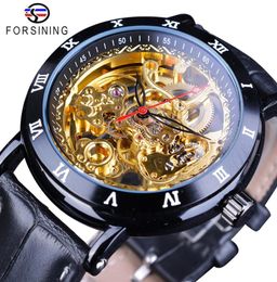 Forsining Royal Flower Carving Gear Golden Movement Genuine Leather Roman Number Bezel Mens Mechanical Watches Top Brand Luxury3197374241