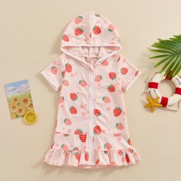 Girl Dresses Infant Baby Swim Cover Up Beachwear Short Sleeve Strawberry Print Zip Swimwear Dress Beach Cover-up Hooded Bathrobe