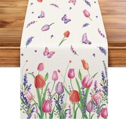 Table Cloth Spring Summer Lavender Tulip Blooming Floral Runners Seasonal Kitchen Dining Runner Indoor Outdoor Home Party Decor