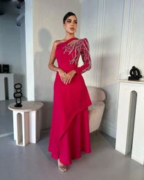 Elegant A-line Red Prom Formal Dress One Shoulder Long Sleeves Lace Beads Cut Out Evening Party Gowns For Women Robe De Soiree Vestido Gala