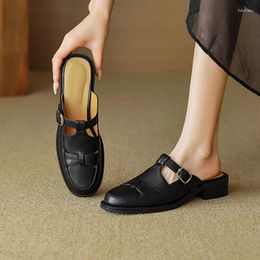 Slippers Summer Women Mules Split Leather Shoes For Round Toe Chunky Heel Concise Cover Weave Handmade Sandals