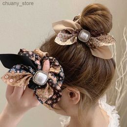 Hair Rubber Bands Diamond-Studded Pearl Floral Bow Large Intestine Hair Ring 2021 Super Fairy Headdress Girl Sweet Heart Hair Accessories Y240417