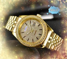 Popular Mens Unisex Watches Women Day Date Time Clock Quartz Movement Chronograph Diamonds Ring Dot Three Stiches hour calendar President Chain Bracelet Watch