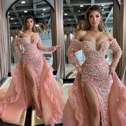 Runway Dresses Gorgeous Celebrity For Women Sweetheart Neck Long Sleeves Gown Slim Fit Sequins Beads Split Skirt Custom Made