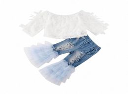 Little Girl Summer Clothing Set Toddler Baby Kids Girls Clothes Mesh Lace Tops Shirt Ruffle Hole Denim Pants 2Pcs Outfits 16T h2774401