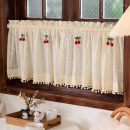 Curtain French Retro Pastoral Floral Daisies With Red Cherry Decoration Bedroom Curtains For Girls Beige Burr Ball Lace Half Short Drape