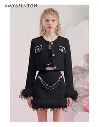 Work Dresses High-End Black Socialite Bright Silk Tweed Suit Spring Fashion Plush Stitching Long Sleeve Short Coat Skirt Two-Piece Sets