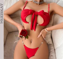 Bras Sets MUZISKAT 2024 Valentine's Day Style Sexy Backless Bra Set Chain Strap Bow Erotic Lingerie Two-Piece Female Onlyfans