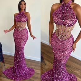 Stunning fuchsia sequins prom dress illusion bodice halter evening dresses elegant sweep train backless dresses for special occasion