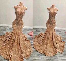 Gold O Neck Long Prom Dress For Black Girls 2024 Beaded Crystal Birthday Party Dresses Sequined Evening Gowns Gown Robe De Bal BC18640