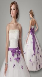 Vestidos de Novia 2015 Wedding Dresses White Strapless Ball Gown Floor Length Dress Bow Ribbon Beaded Pearls Purple Butterfly Brid5214834
