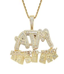 Mens Jewellery Hiphop Iced Out CZ Letter Pendant Necklace Gold Micro Paved Cubic Zircon ATM Addicted To Money Necklaces6656180