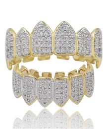 Hip Hop Iced Out CZ Mouth Teeth Grillz Caps Top Bottom Grill Set Men Women Vampire Grills6564821
