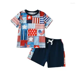 Clothing Sets Summer Independence Day Kids Boys Outfits Stripe Stars Print Patchwork Short Sleeve T-Shirts Elastic Waist Shorts Set