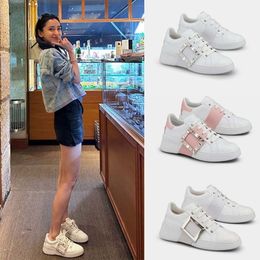 Luxury Design Girl's RV Sneakers Little White With Side Buttons Diamond Fastener Womens Viv Skate Casual Leather Ladies Shoes