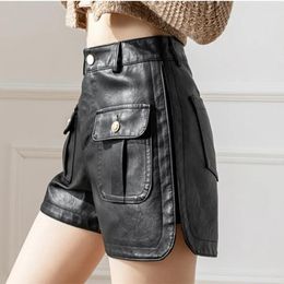 Women's Shorts High Quality PU Leather Black Split Women Locomotive Style Cool Girl All Seasons Button Versatile Clothing