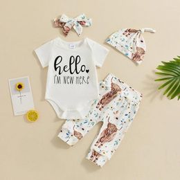 Clothing Sets Western Baby Girl Outfit Toddler Short Sleeves Cow Print Floral Pants Kids Headband Beanies Hat 4 Piece Set