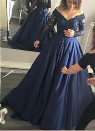 Cheap New Navy Blue Prom Dress Sexy Off The Shoulder Satin Skirt Long Sleeves Formal Evening Party Gown Plus Size Custom Made1264966