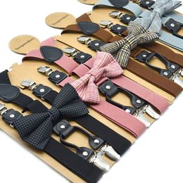 Solid Color Bowknot Elastic Leather Suspenders Braces Men Women Adjustable Straps For Wedding Suit Skirt Accessories Gift 240418