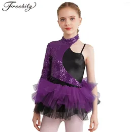 Stage Wear Kid Girls Ballet Dance Dress One Shoulder Shiny Sequin Tulle Leotard Tutu Ballerina Gymnastics Skating Performance Costume