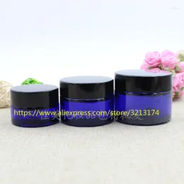 Storage Bottles 20g 30g 50g Blue Glass Jar With Shiny Black Aluminium Lid Cosmetic Eye Cream Can Mask Pot Facial Lotion Package Container