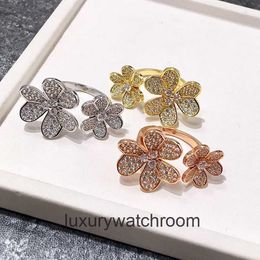 High End jewelry rings for vancleff womens and Elegant Full Diamond Clover Six petal Flower Open Double Flower Ring Small and Popular Try Ring for Women Original 1to1